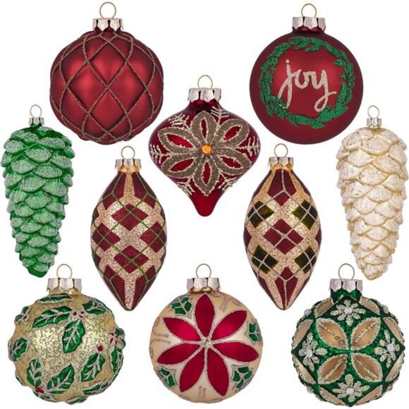 Glass Christmas Ornaments Set, 10ct Red Green and Gold Mercury Blown Glass